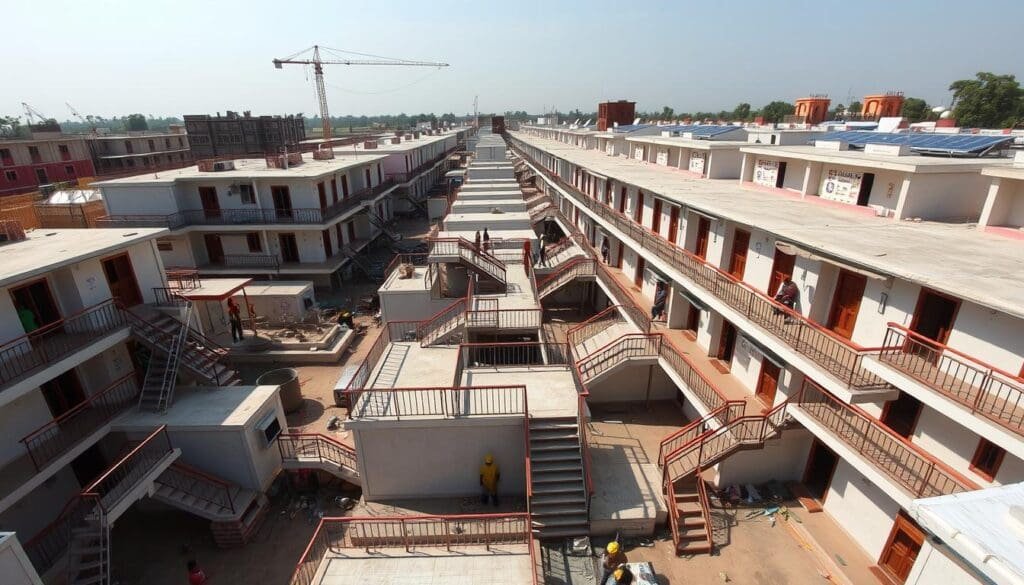 Wide view of SAMAN Portable's completed worker accommodation with PUF panels in West Delhi