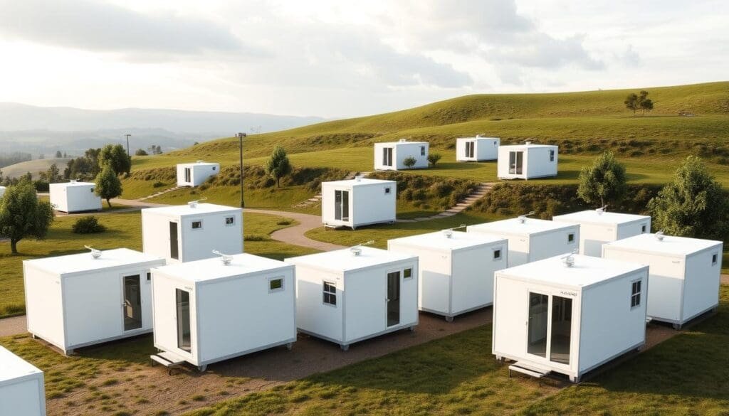 a detailed, photorealistic image of a group of modular, self-contained SAMAN Portable cabins in a minimalist, modern design. The cabins are arranged in an open layout, with clean lines, large windows, and neutral color schemes. The foreground shows the cabins from various angles, highlighting their sleek, efficient exteriors. The middle ground includes lush greenery, pathways, and a sense of open space, creating a harmonious, nature-inspired setting. The background features a gently sloping landscape with a cloudy, soft-lit sky, conveying a sense of tranquility and pleasant atmosphere. The image captures the versatility, practicality, and sophisticated aesthetic of the SAMAN Portable cabins. a detailed, photorealistic image of a group of modular, self-contained SAMAN Portable cabins in a minimalist, modern design. The cabins are arranged in an open layout, with clean lines, large windows, and neutral color schemes. The foreground shows the cabins from various angles, highlighting their sleek, efficient exteriors. The middle ground includes lush greenery, pathways, and a sense of open space, creating a harmonious, nature-inspired setting. The background features a gently sloping landscape with a cloudy, soft-lit sky, conveying a sense of tranquility and pleasant atmosphere. The image captures the versatility, practicality, and sophisticated aesthetic of the SAMAN Portable cabins.