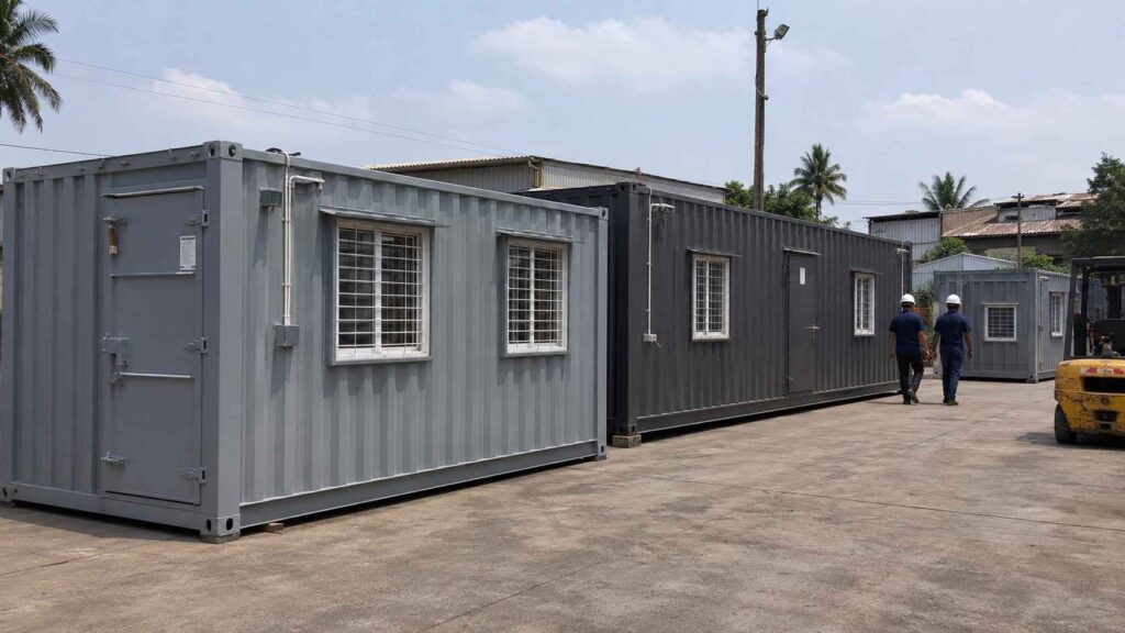 A row of factory-fitted Steel Grey #7E8590 container offices in different sizes at an Indian industrial compound, illustrating the manufacturer cost range.