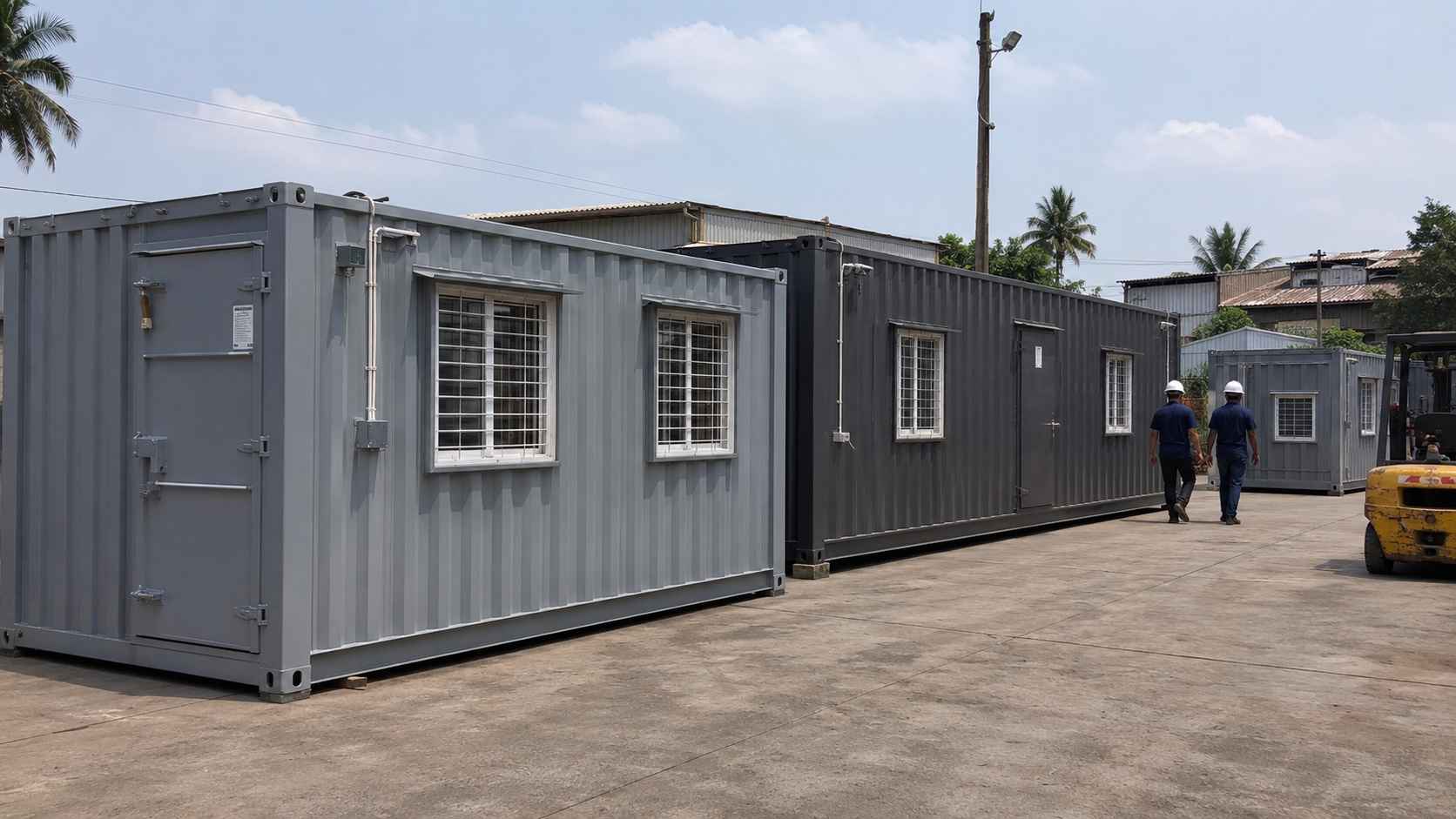 A row of factory-fitted Steel Grey #7E8590 container offices in different sizes at an Indian industrial compound, illustrating the manufacturer cost range.
