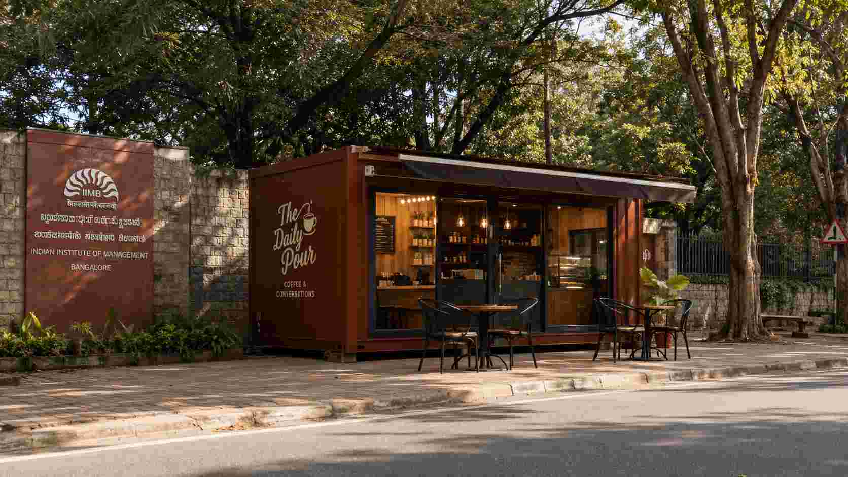 A Brick Terracotta SAMAN luxury porta cabin running as a small hospitality café concept along the IIM Bangalore stretch of Bannerghatta Road.
