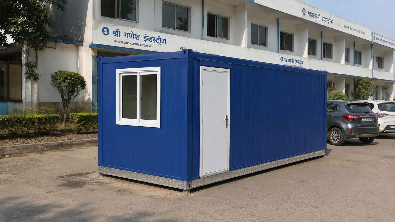 Royal Cobalt blue mobile office unit positioned at an Indian SME business compound entrance