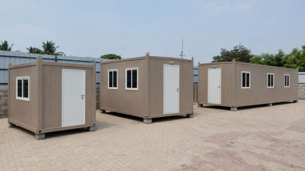 Three Warm Taupe mobile office units in 10×10, 20×10 and 30×10 ft sizes lined up at a business compound