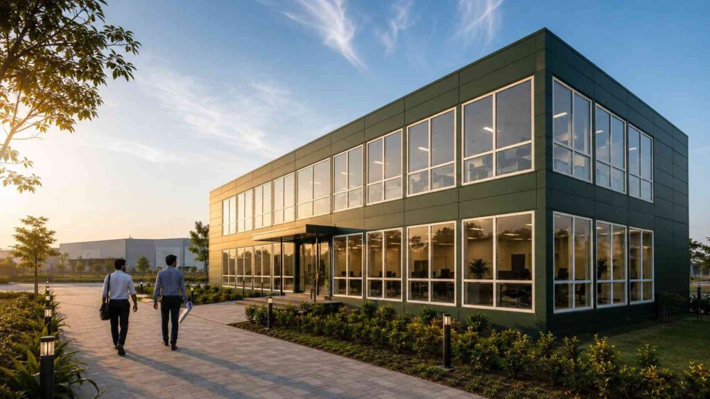 Forest green two-storey modular office building installed on an Indian commercial site at golden hour