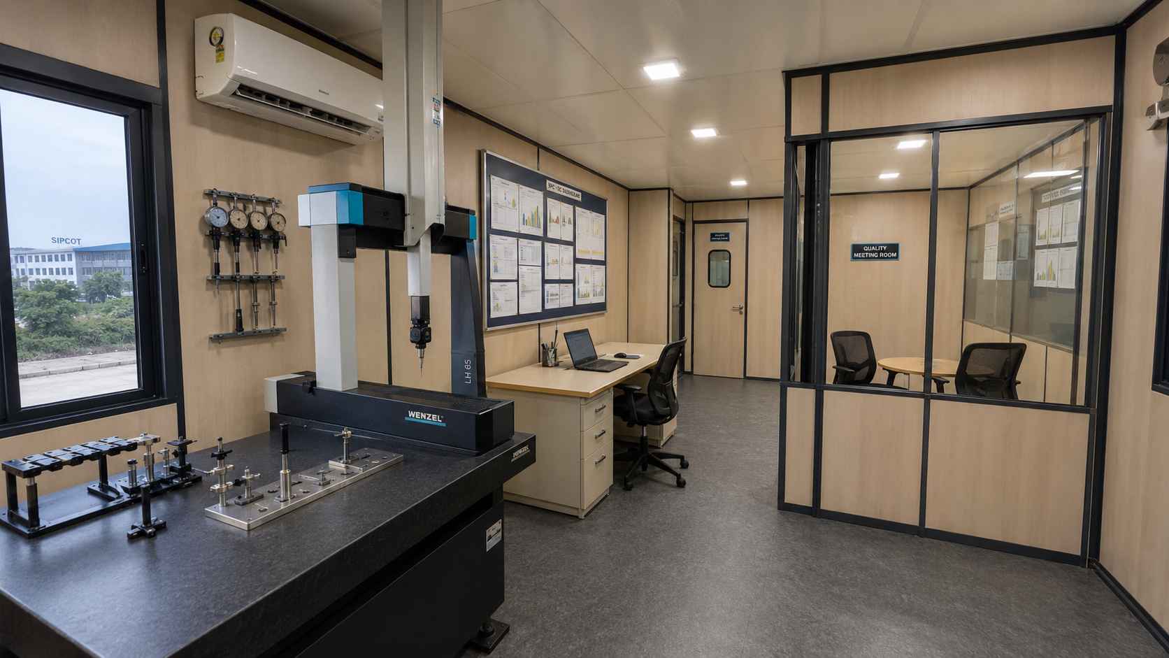 Multi-room SAMAN MS porta cabin interior in Graphite Black, Tier-1 supplier QC lab Hosur.