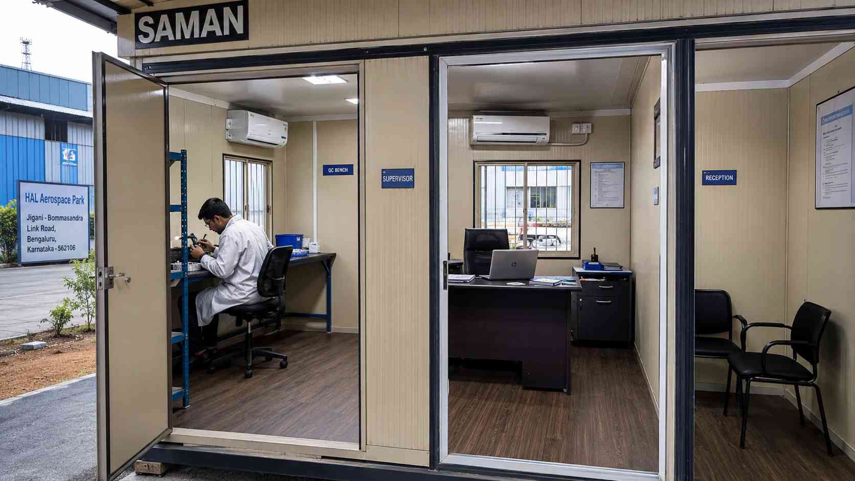 Sandstone Beige SAMAN multi-room porta cabin showing QC, supervisor, and reception layout at an Aerospace Park Anekal vendor site.