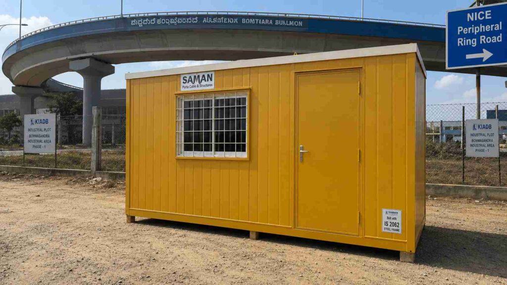 Industrial yellow SAMAN porta cabin on a KIADB plot in Bommasandra Industrial Area Phase 1 near the Hosur Road junction