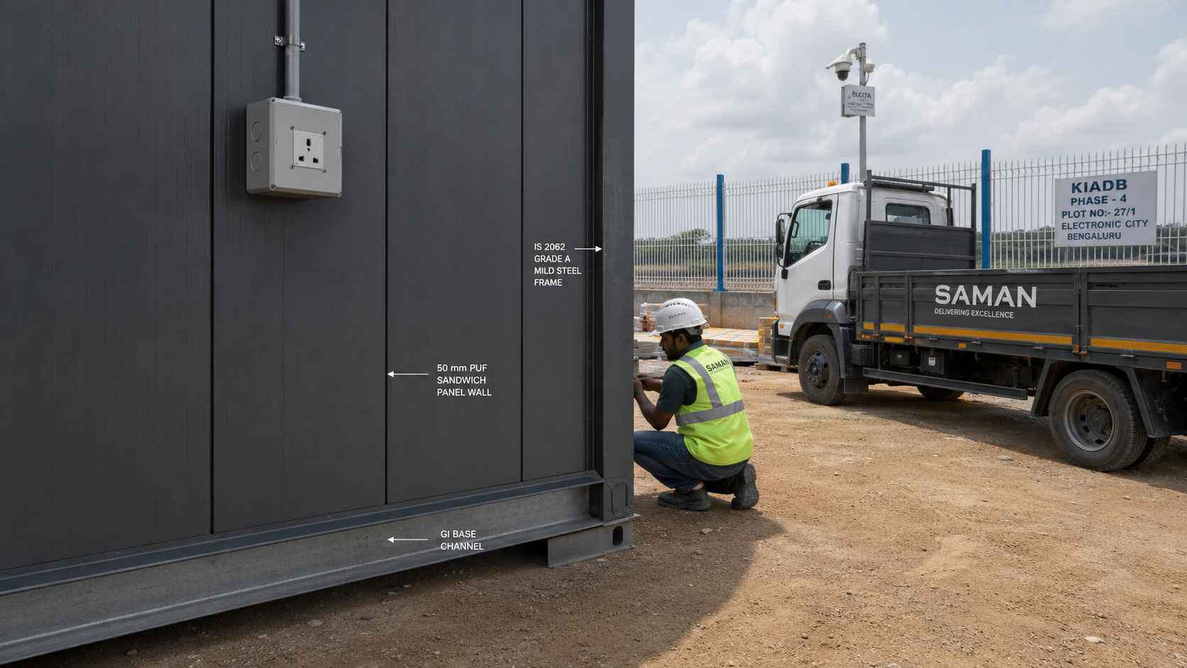 Anthracite Grey SAMAN porta cabin showing IS 2062 frame and 50 mm PUF panel detail on a Phase 3 KIADB Electronic City plot.