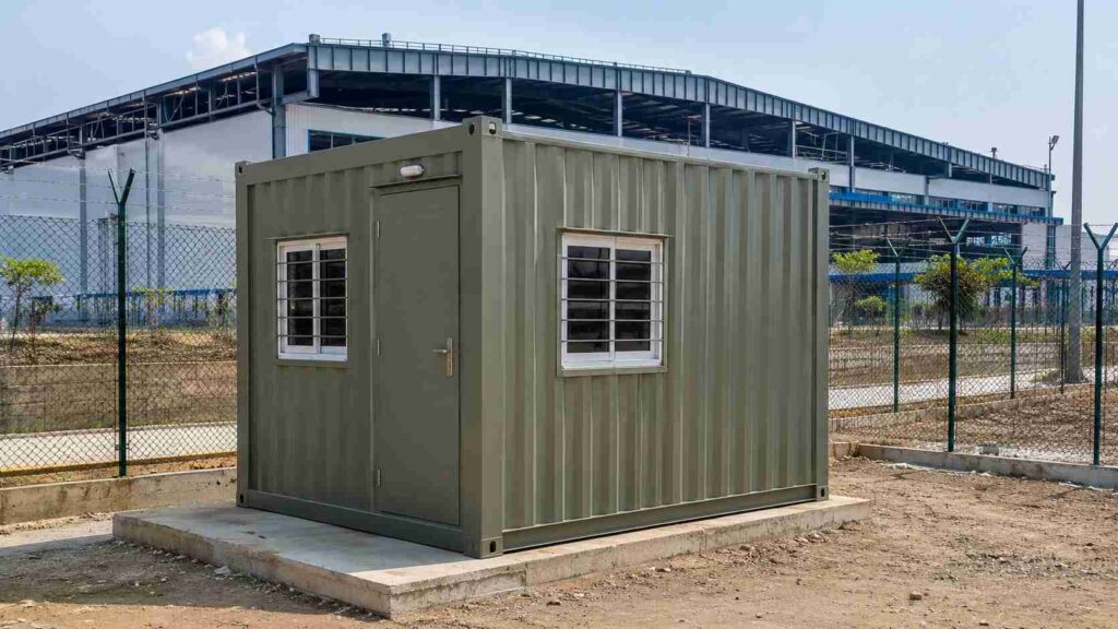SAMAN porta cabin in Sage Industrial green-grey on a SIPCOT Hosur industrial plot, factory-fitted.