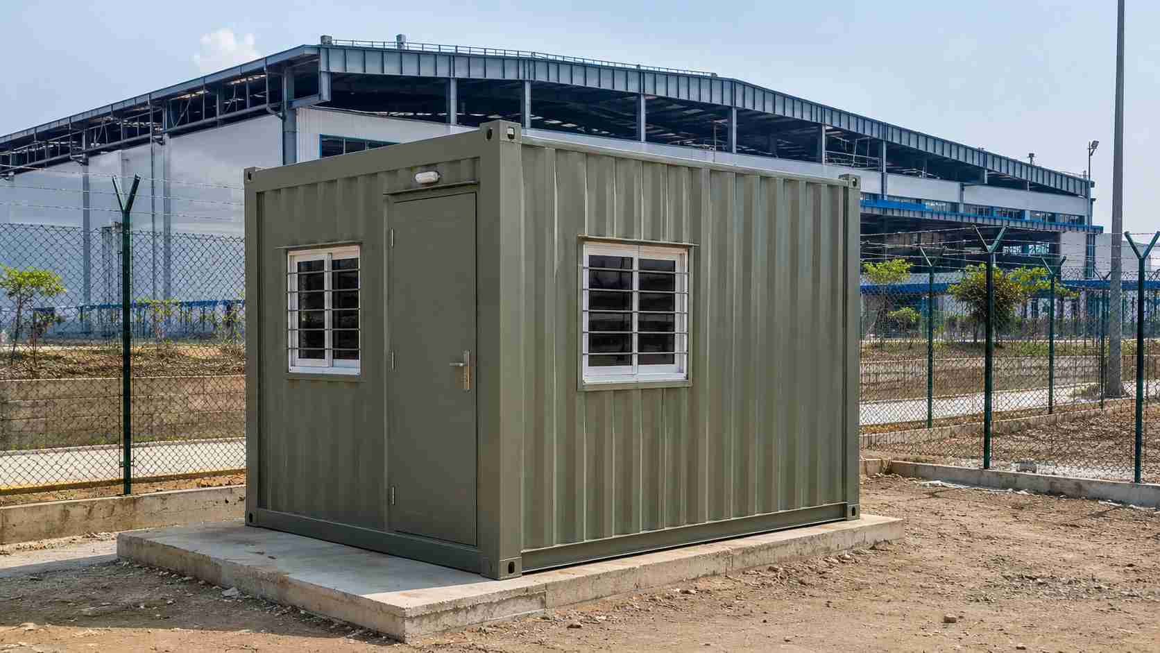 SAMAN porta cabin in Sage Industrial green-grey on a SIPCOT Hosur industrial plot, factory-fitted.