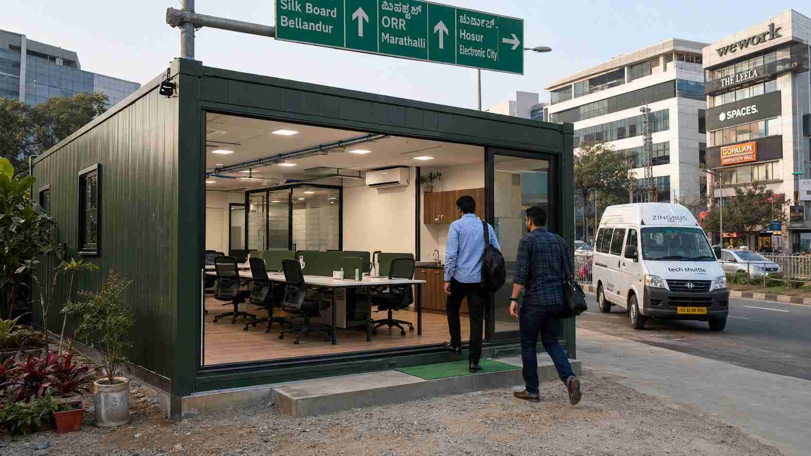 Forest Green 20x16 ft multi-room porta cabin on Sarjapur edge HSR Sector 6 for tech startup early-stage HQ