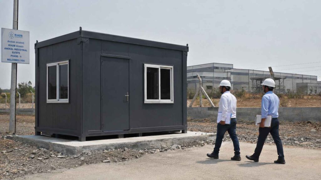 Slate Charcoal SAMAN porta cabin installed on a KIADB plot in Anekal Industrial Estate with manufacturing shed in background.