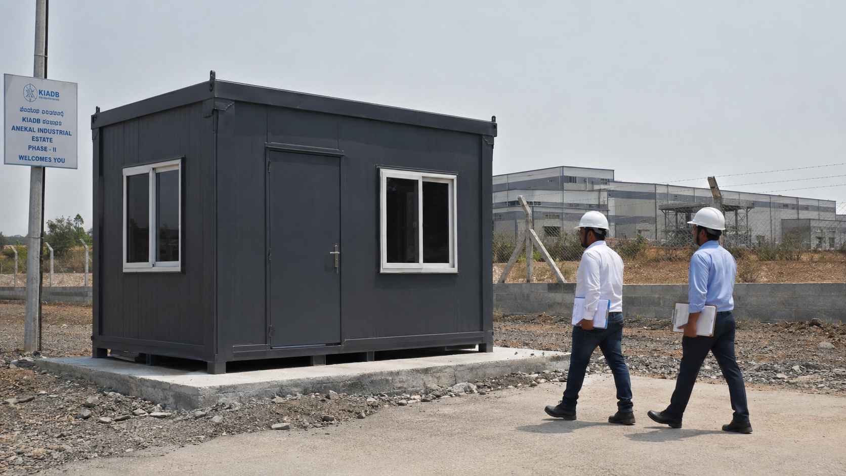 Slate Charcoal SAMAN porta cabin installed on a KIADB plot in Anekal Industrial Estate with manufacturing shed in background.