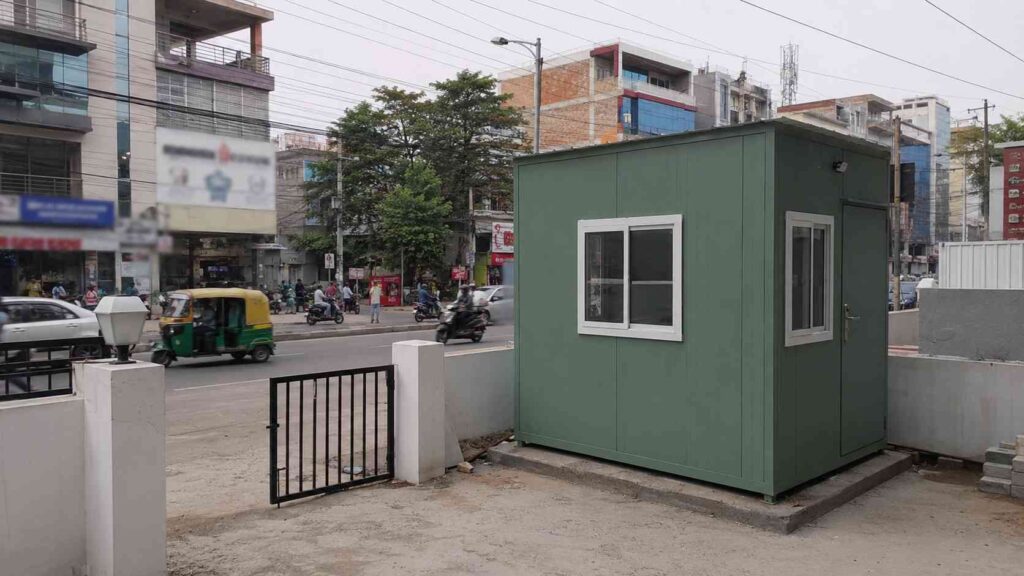 Mineral Green MS-frame porta cabin installed on a BTM 2nd Stage commercial-frontage plot near 16th Main, south Bangalore, with the Silk Board commercial corridor visible behind.