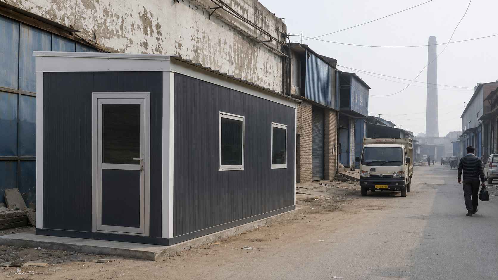 Industrial Slate porta cabin installed at an Okhla industrial site in Delhi as a contractor's office cabin.