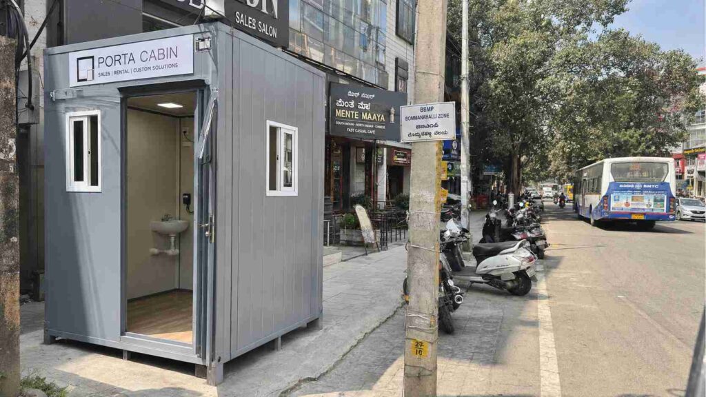 Steel Grey 10x12 ft porta cabin on 27th Main HSR Layout for F&B and clinic frontage fitout