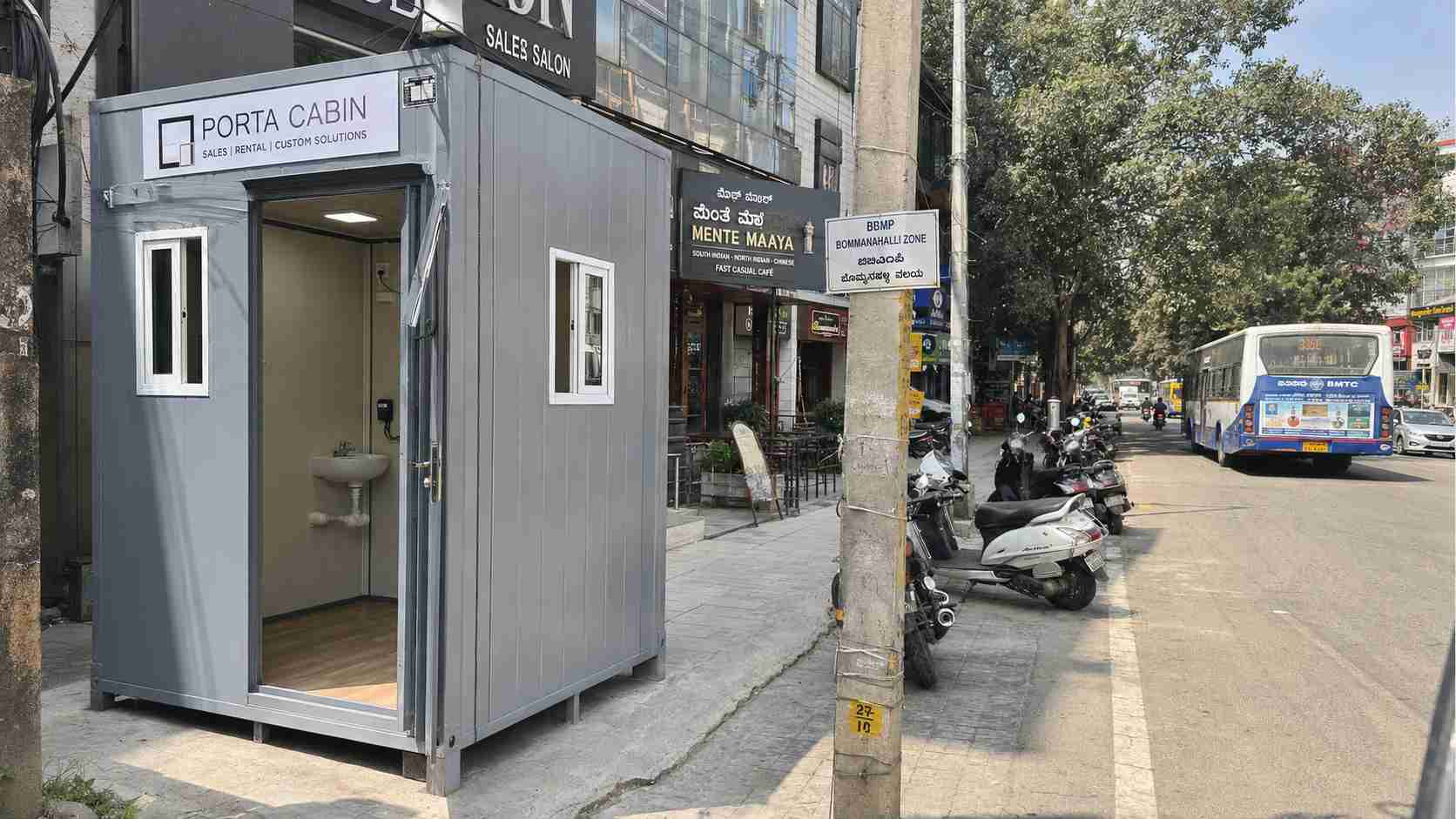 Steel Grey 10x12 ft porta cabin on 27th Main HSR Layout for F&B and clinic frontage fitout