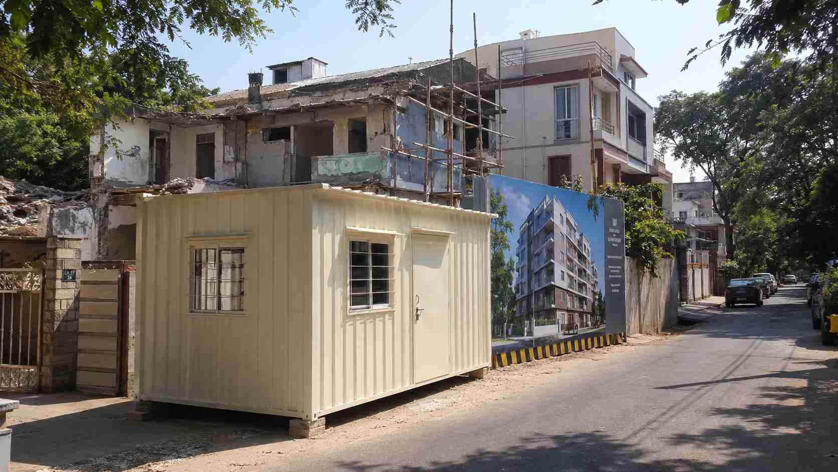 Cream Ivory porta cabin used as builder's site office on a 5-9 Block Jayanagar apartment-redevelopment plot.