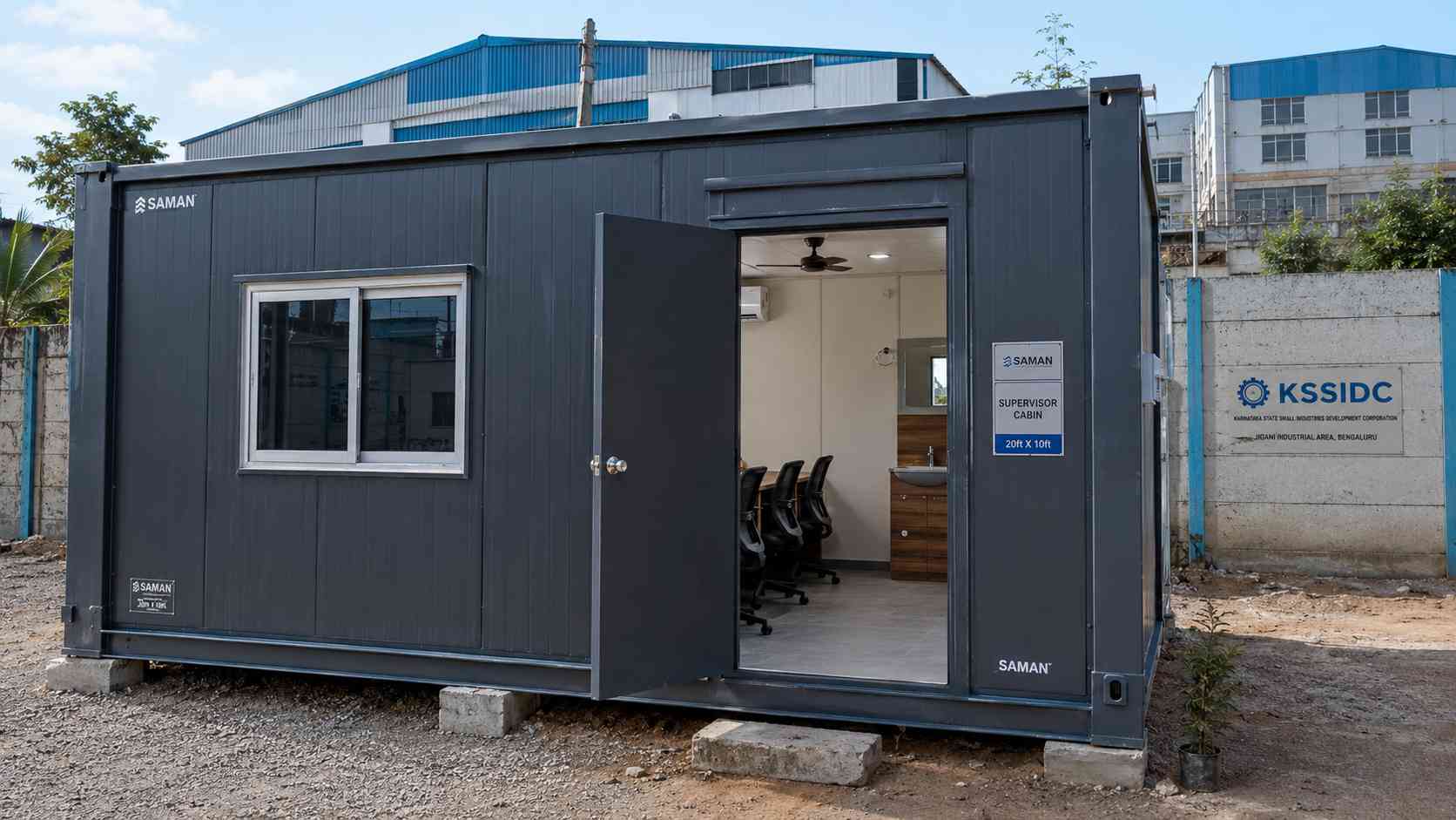 Slate Charcoal 20x10 porta cabin on a KSSIDC plot in Jigani, used as engineering-ancillary supervisor cabin
