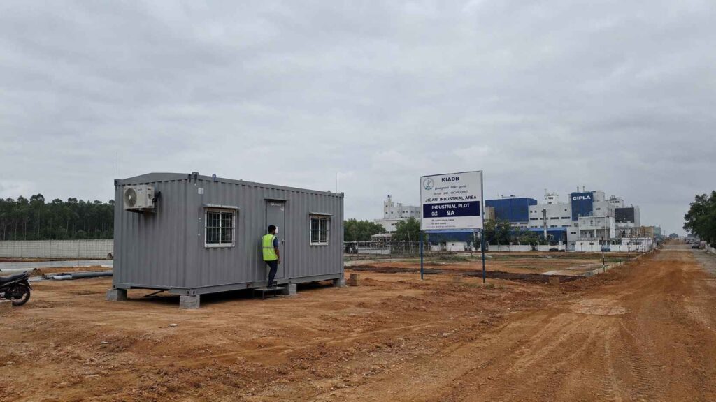 Steel Grey SAMAN porta cabin on a KIADB plot in Jigani Industrial