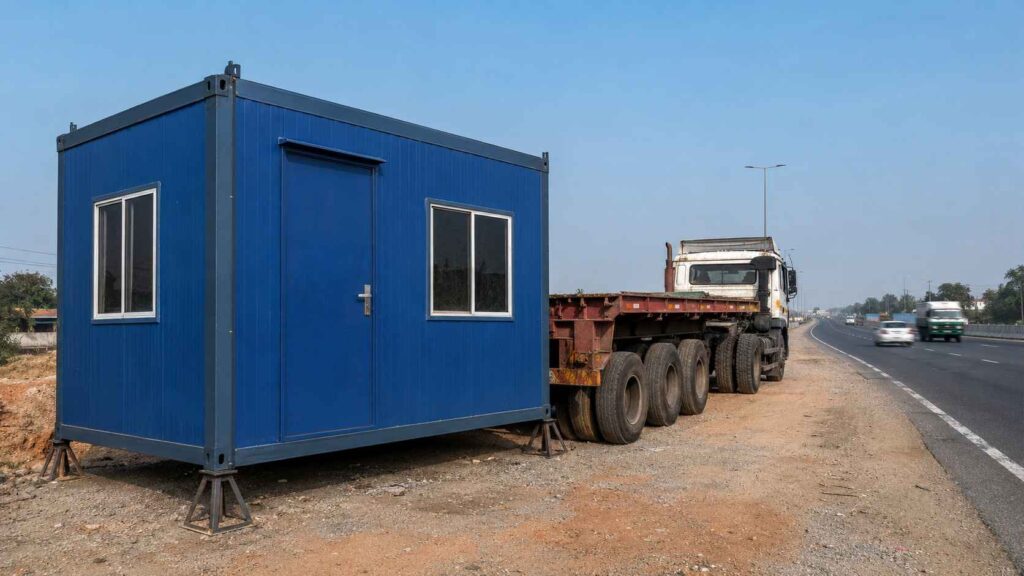 NHAI Blue porta cabin in Kengeri stationed on Mysuru Expressway shoulder beside a tractor-trailer at mid-morning.