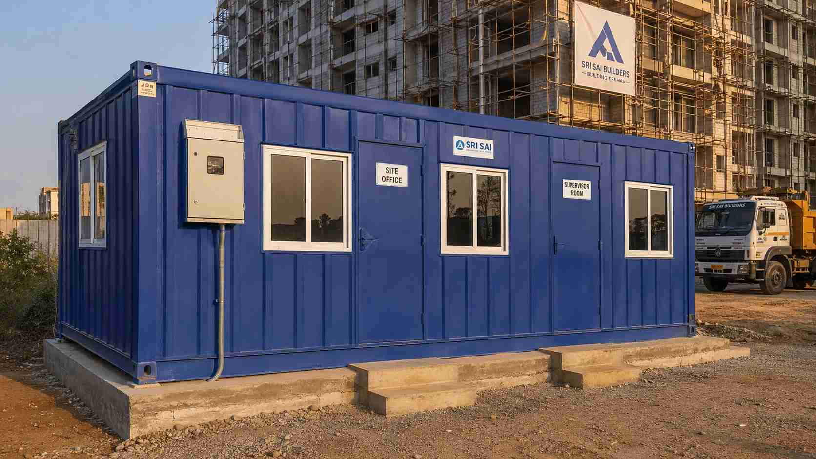  Royal Cobalt porta cabin site office on an ORR Sarjapur Road apartment-build construction frontage in Bellandur.