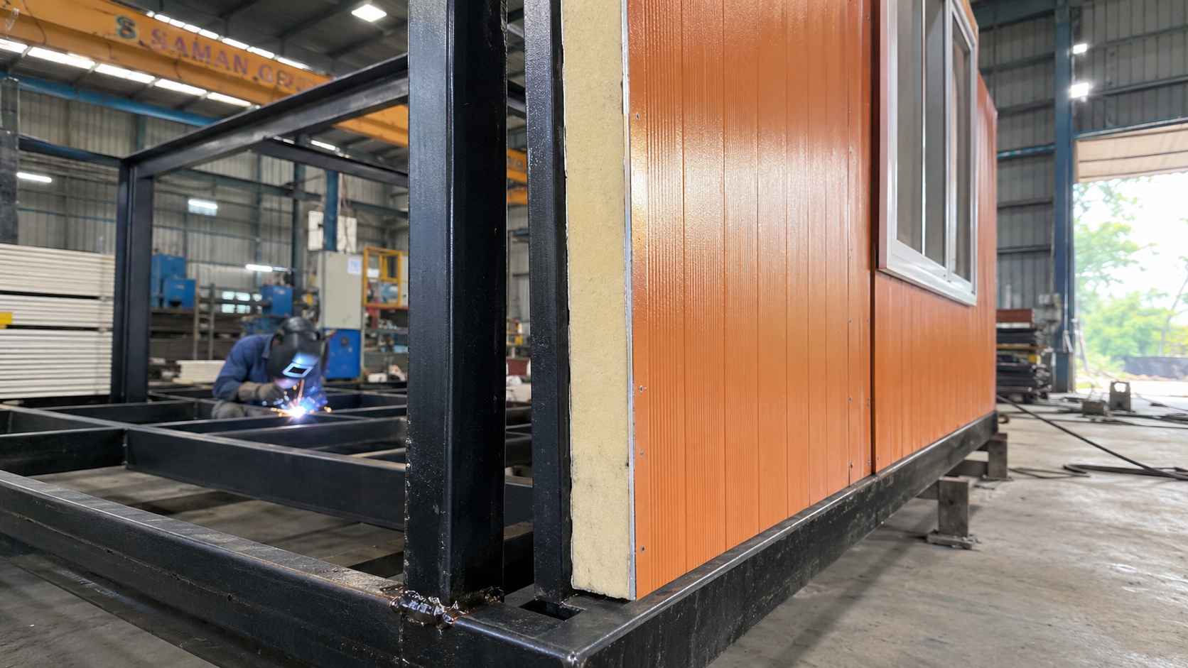 Mild-steel IS 2062 Grade A porta cabin frame and PUF panel detail at SAMAN factory, Safety Orange cabin in build stage with welding visible.
