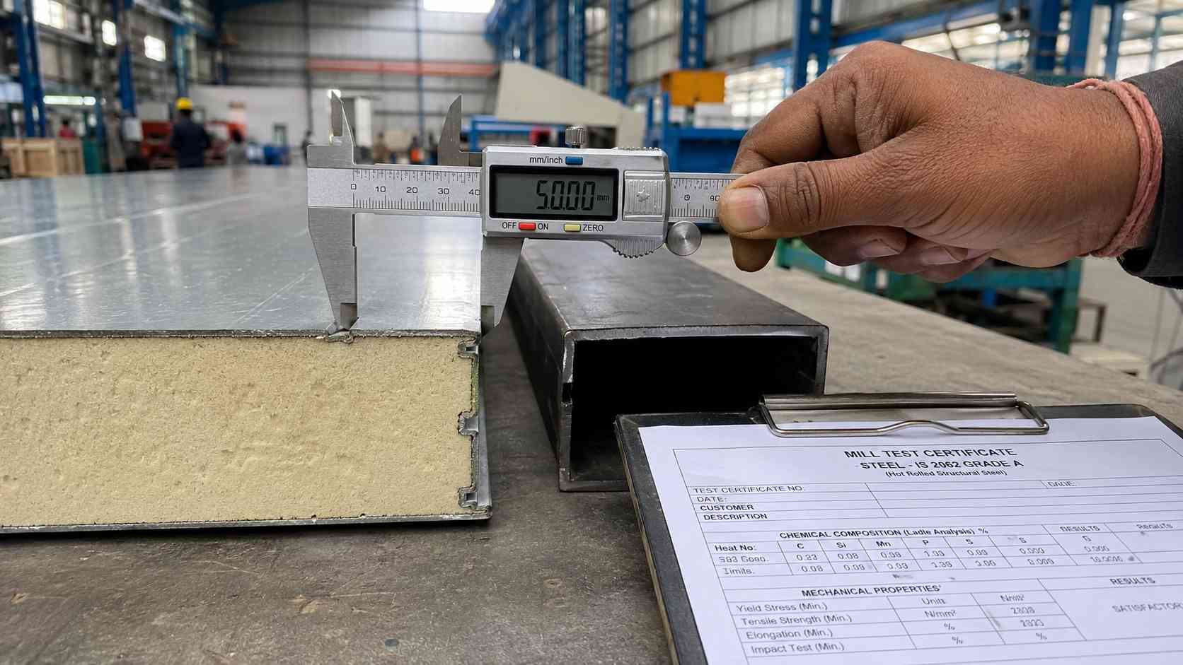  Close-up of a Pearl Grey PUF panel cross-section and IS 2062 mild steel frame with mill test paperwork.