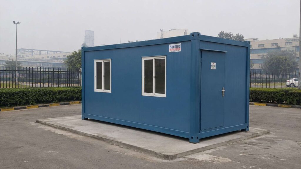 A Steel Blue portable cabin installed on a Delhi commercial compound under winter haze, ready for occupancy.