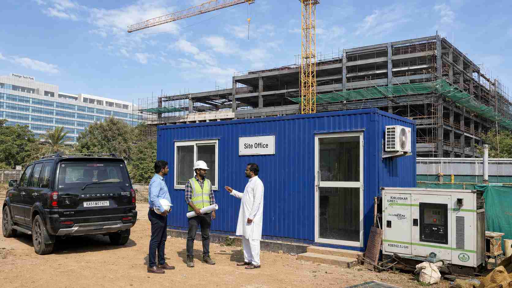 Royal cobalt blue 20 by 10 ft porta cabin used as IT-campus contractor site office on a Whitefield Bangalore tech-park construction site.