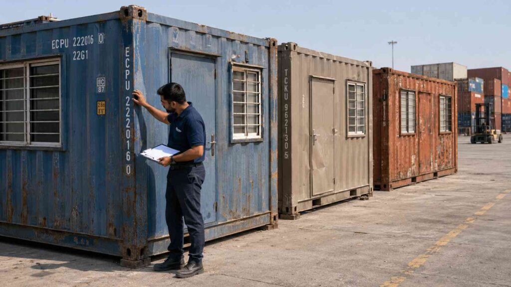 Procurement buyer inspecting a steel blue used container office at an Indian yard before purchase.