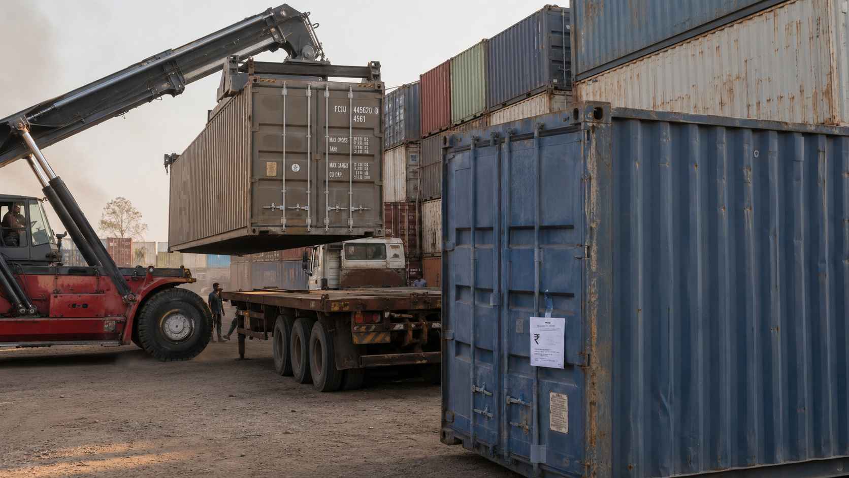 A 40ft used container office in warm taupe being loaded for site delivery from an Indian yard.