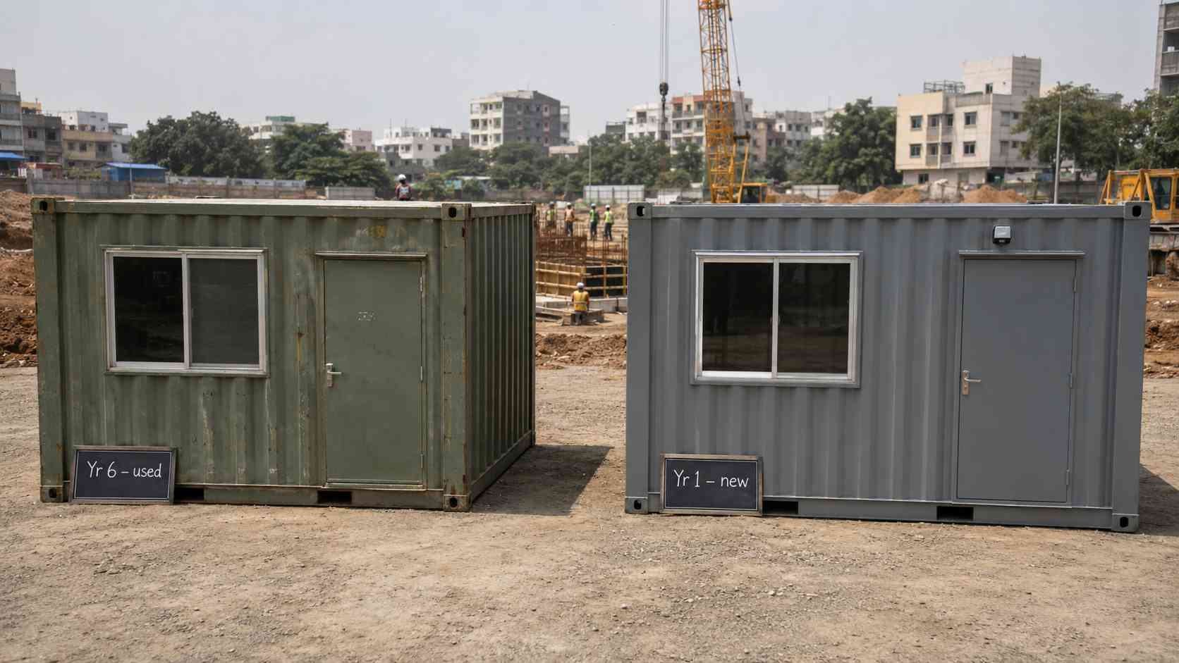 Used and new container offices side by side on an Indian construction site illustrating year-six versus year-one condition.