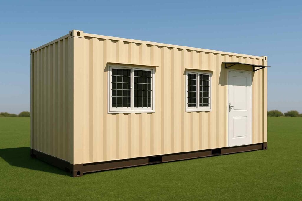 Beige portable container office cabin with windows and door in India.