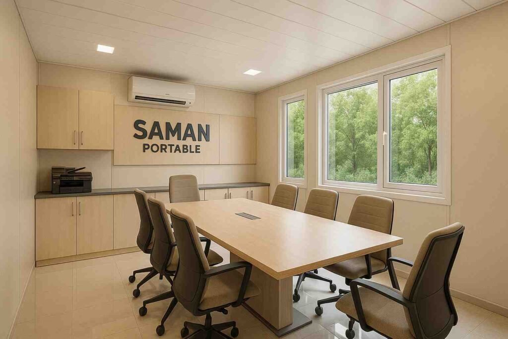 Prefab container office interior with conference room table and chairs.