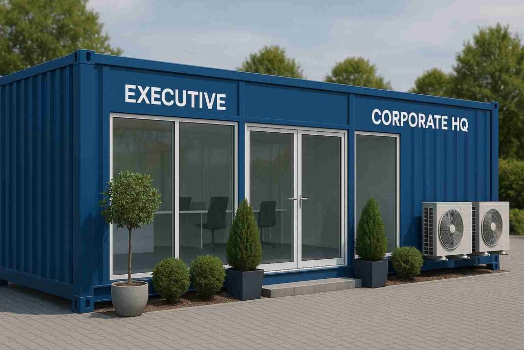Executive prefab container office with glass façade in India.