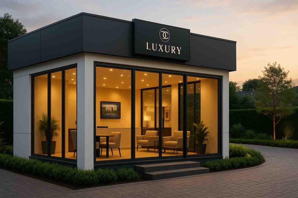Luxury glass façade prefab container office cabin in India.