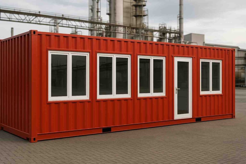 Red prefab container office cabin with windows and steel door in India.