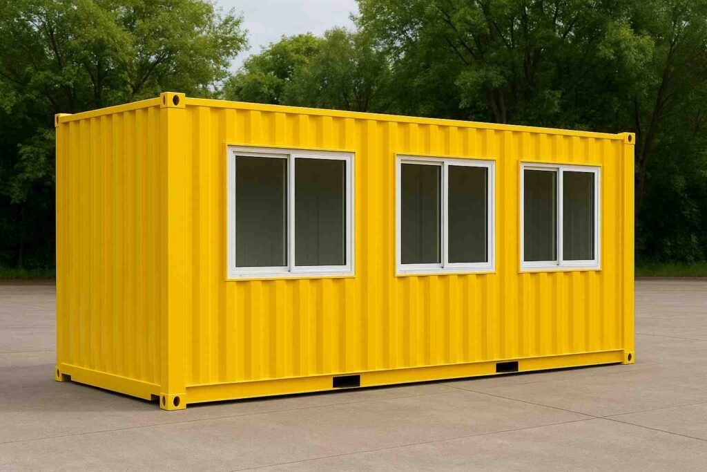 Yellow container office cabin with multiple windows in India.