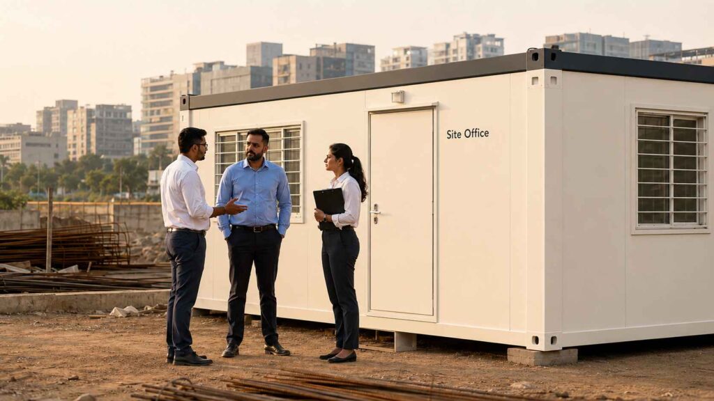 Cream ivory porta cabin on rent at a Bangalore site after 18 months — buy-vs-renew conversation in progress.