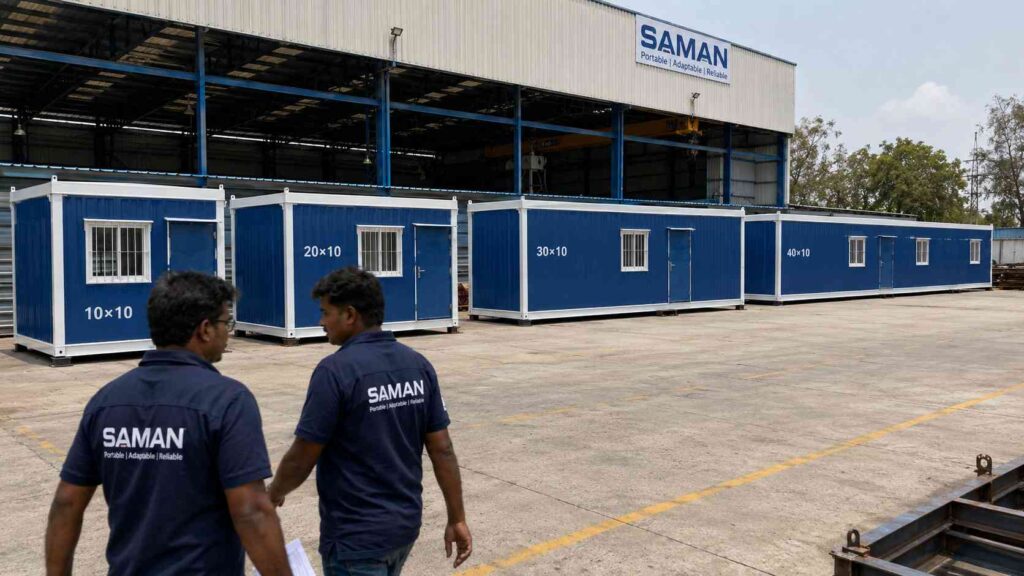 Four SAMAN porta cabin rental sizes lined up in the factory yard — 10×10 to 40×10 in NHAI blue finish.