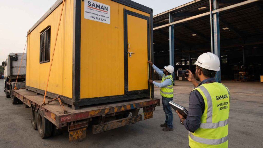 SAMAN engineers inspecting a returned industrial yellow porta cabin for damage to determine deposit refund.