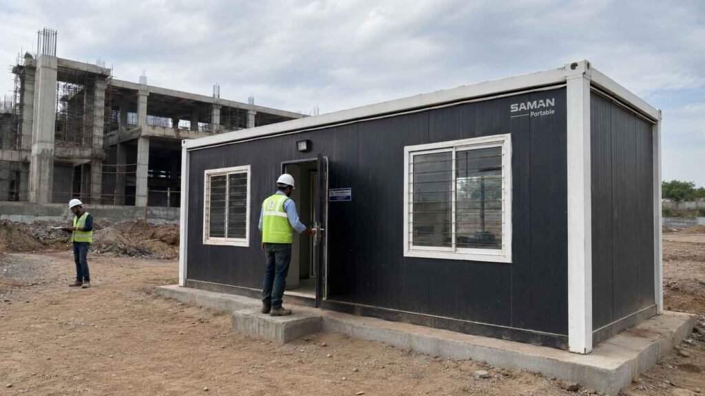 Graphite black SAMAN porta cabin on rent deployed as a site office at an Indian construction site with engineer entering.
