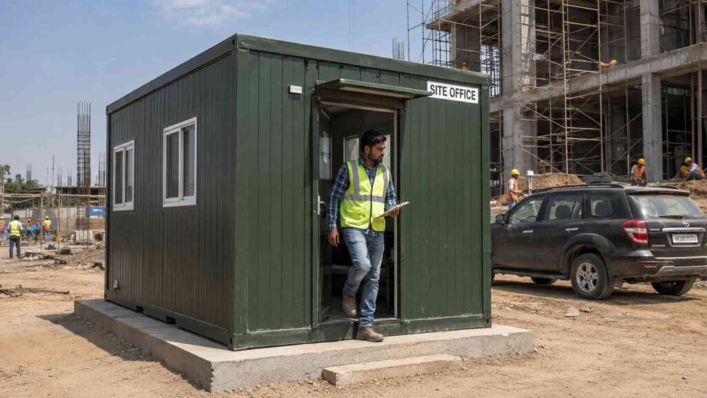 A 10×10 ft Forest Green porta cabin in use as a site engineer's office at an Indian construction site.