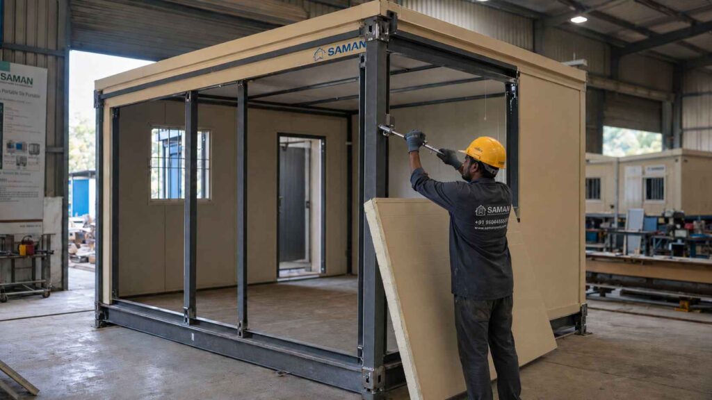  Mild-steel frame and PUF panel of a Sandstone Beige porta cabin during assembly at SAMAN's Indian factory.