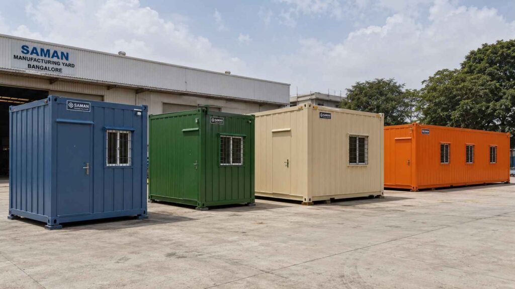 Four SAMAN porta cabins lined up by size at the Bangalore factory yard, from 10×10 ft Steel Blue to 35×11 ft Safety Orange.