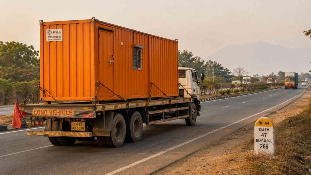 A Safety Orange porta cabin transported on a flat-bed trailer along an Indian national highway with RTO long-vehicle signage.