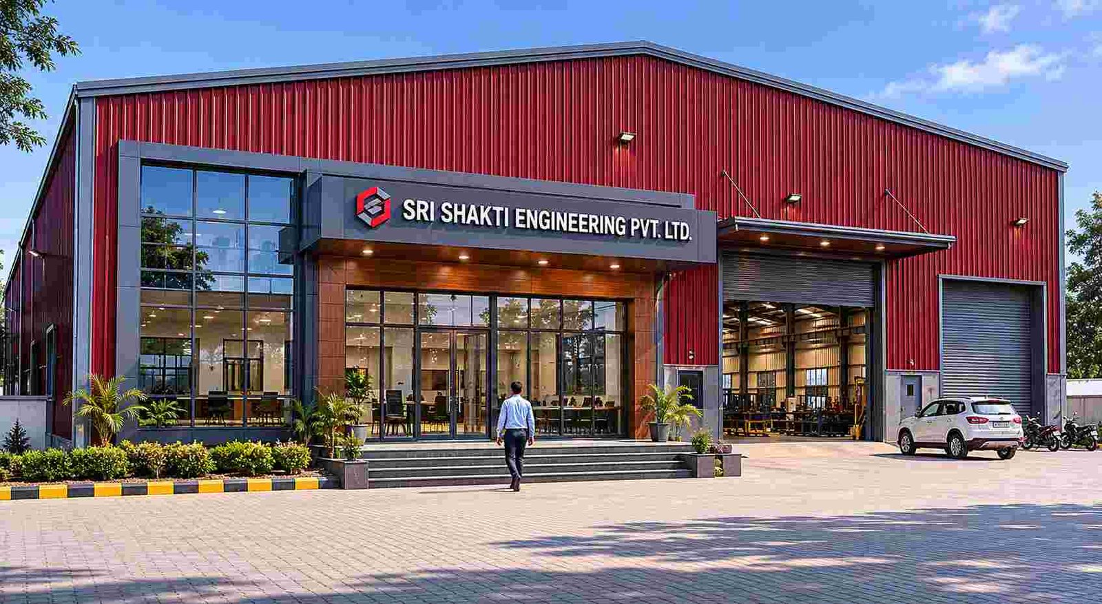 Burgundy-red commercial steel shed with glazed showroom bays and finished frontage in India