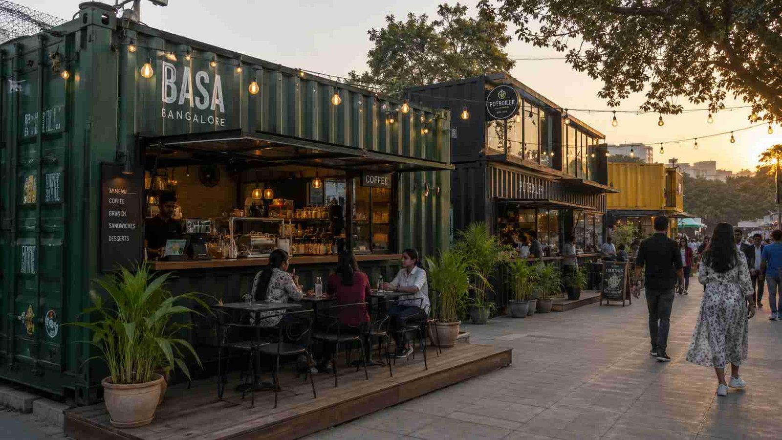 Row of SAMAN container cafe designs in forest green trading at a Bangalore food park at dusk.