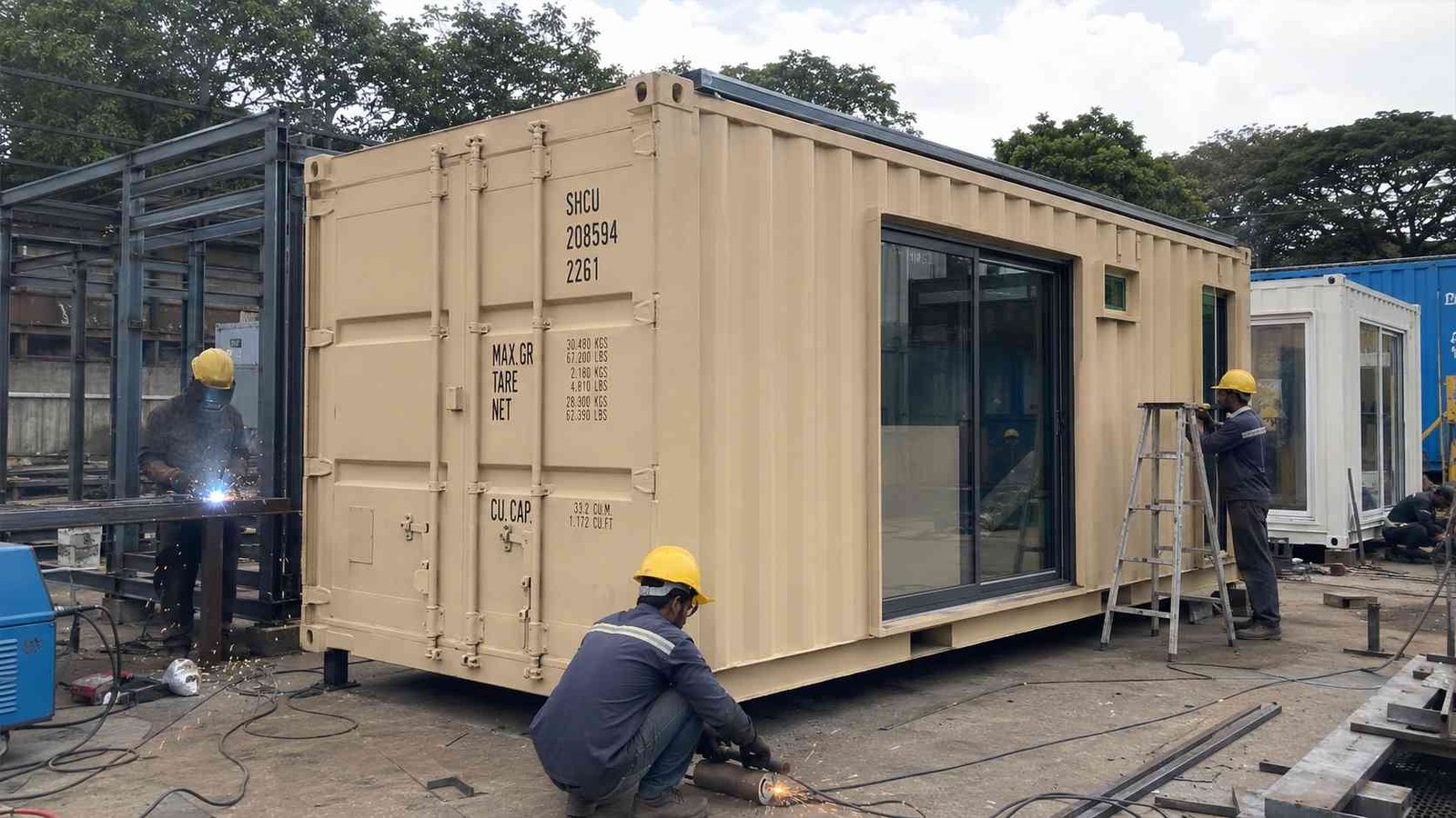 Sandstone beige container house being finished at SAMAN's Bangalore fabrication yard before delivery.